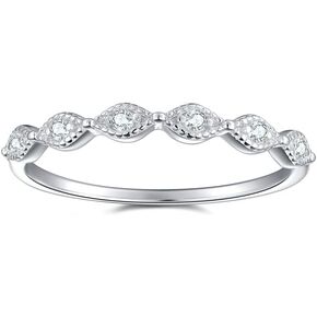 Sterling Silver Half Eternity Band Petite Milgrain Band Marquise & Dot Ring Stacking Thin Band