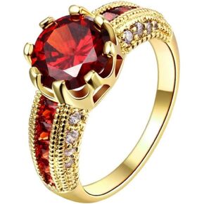Royal Nobility Crown 18K Rose Gold/Yellow Gold Plated Shiny Red Garnet Birthstone Red Gemstone Ring Womens Engagement Rings US Size 6-10