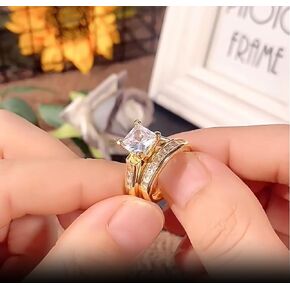 ABARTE 2-Piece Set with Square Cut Zircon Engagement Ring, Women's Platinum Thick arm Zircon Set, Sparkling moissanite Princess Wedding Ring(6-10) Sivler-6