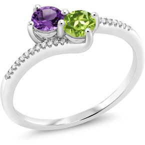 Gem Stone King 10K White Gold Forever United 2 Stone 4MM Round Purple Amethyst and Green Peridot and Diamond Engagement Ring For Women 0.71 Cttw