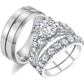 1.5ct Wedding Rings for Women Cubic Zirconia Engagement Bridal Ring Set His Hers Men Titanium Wedding Bands