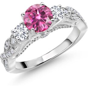 Gem Stone King 925 Sterling Silver Pink Moissanite White Lab Grown Diamond and White Moissanite Engagement Ring For Women (1.27 Cttw, Gemstone, Round 6MM and 3MM)