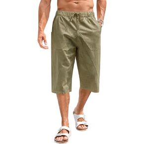 Fommykin Men's Cotton Linen Capri Pants Baggy Harem Drawstring Yoga Beach Pants with Pockets