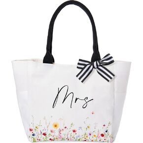 Crisky Mrs Canvas Tote Gifts Bag Wildflower Bottom Decoration for Bridal Shower, Wedding, Engagement, Bachelorette Party, 13.8" x 12.4" x 6"