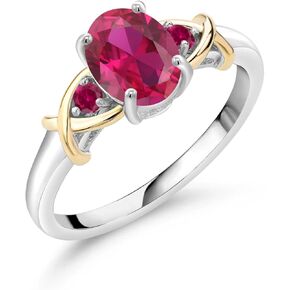 Gem Stone King 2 Tone 925 Sterling Silver and 10K Yellow Gold Oval Red Created Ruby Ring For Women (1.45 Cttw, Available In Size 5, 6, 7, 8, 9)