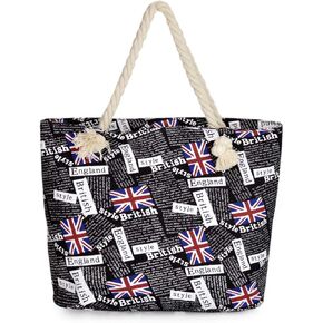 Premium Large Union Jack British Letters Print Canvas Tote Shoulder Bag Handbag