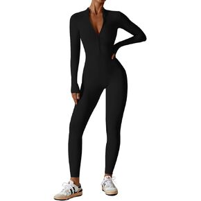 ECUPPER Women Long Sleeve Bodycon Jumpsuits One Piece Zip Up Unitard Workout Rompers Full Length Yoga Sports Bodysuits