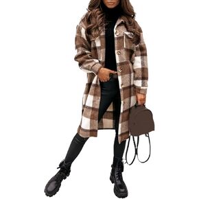 PUWEI Women's Long Flannel Plaid Jacket Shacket Cozy Lapel Button Down Shirt Jacket Fuzzy Trench Coat