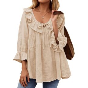 ZESICA Womens Scoop Neck 3/4 Length Sleeve Tops Casual Tie Front Ruffle Tiered Loose Tunic Shirts Blouses Spring Outfits