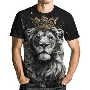 Men's Casual Lion with Crown Print T-Shirt Fashion Graphic Tee Shirts Short Sleeve