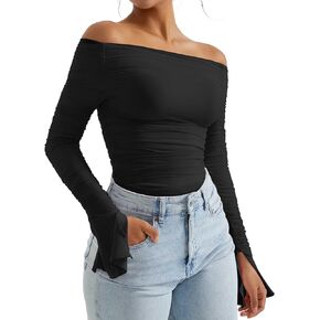 OMKAGI Women Long Sleeve Tops Boat Neck Off Shoulder Shirts Fitted Going Out Y2K Crop Top