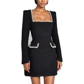 LETSVDO Women's Elegant Tweed Dress Long Sleeve Square Neck Pearl A Line Classy Formal Party Mini Dresses Fall 2024
