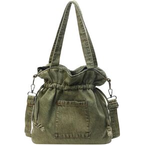 Women Denim Canvas Tote Bag Drawstring Crossbody Tote Purse Trendy Shoulder Handbag Travel Bag