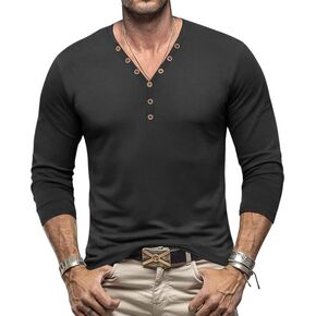 Men's Casual Button V Neck T-Shirt Long Sleeve Henley Shirts Stretch Pullover Tees Tops