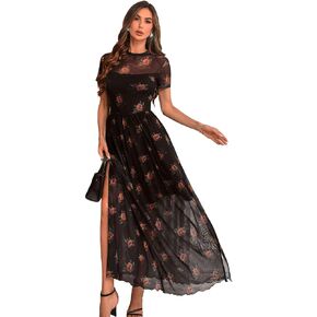 GothDark Women's Mesh Dress Short Sleeve Round Collar Floral Print Waist-Cinched Maxi Fall Casual Dress