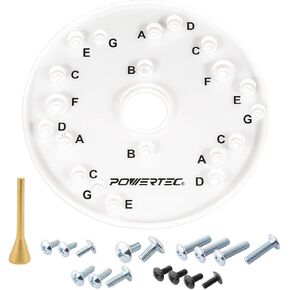 POWERTEC 71369 Router Base Plate with Centering Pin | 6-1/2" Diameter, 5/16" Thick |Letter-Marked Pre-Drilled Holes