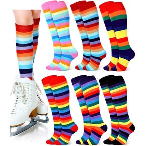 Unittype 6 Pair Rainbow Knee High Socks for Women Colorful Striped Socks Long Thigh High Stockings Tube Socks Roller Skate Socks for Adults Gift