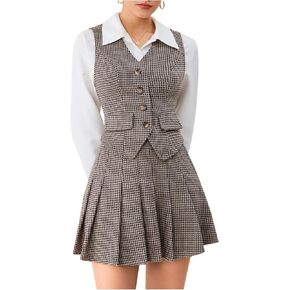 Milumia Women's 2 Piece Outfit Plaid Vest Blazer and Pleated Skirt Suit Sets
