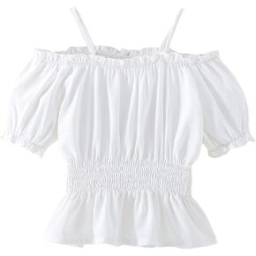 WDIRARA Girl's Cold Shoulder Frill Trim Shirred Puff Short Sleeve Peplum Blouse White 7Y
