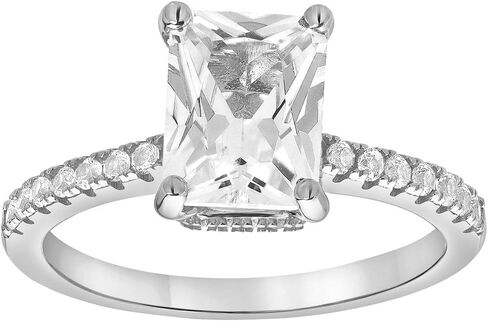 Sterling Silver Lab Created Emerald Cut White Sapphire Halo Engagement Ring for Women | Jewelry for Her | Gift Box Included in Saudi Arabia