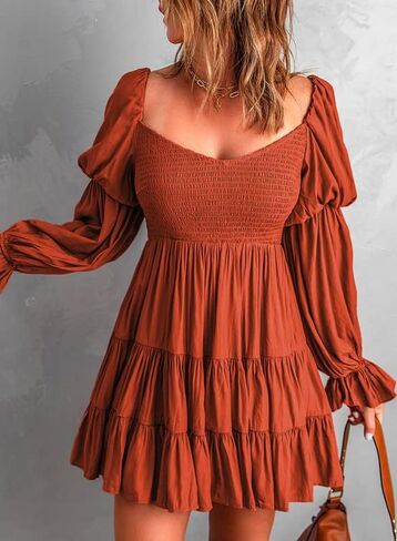 Dokotoo Womens 2025 Spring Summer Dresses Elegant Off The Shoulder V Neck Long Sleeve Ruffle Flowy Mini Short Skater Dresses in Kuwait