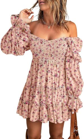 Dokotoo Womens 2025 Spring Summer Dresses Elegant Off The Shoulder V Neck Long Sleeve Ruffle Flowy Mini Short Skater Dresses in Kuwait
