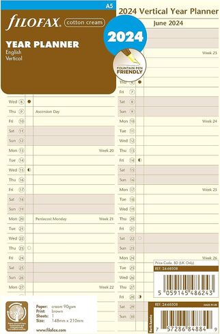 Filofax Calendar Diary Refill, A5 Size, Vertical Year Planner, Cotton Cream Paper, English, 2025 (C68508-25) in Saudi Arabia
