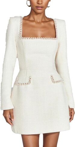 LETSVDO Women's Elegant Tweed Dress Long Sleeve Square Neck Pearl A Line Classy Formal Party Mini Dresses Fall 2024 in Saudi Arabia