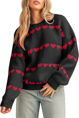 Saodimallsu Womens Heart Sweater Valentine Crew Neck Cute Ribbed Knit Loose Casual Pullover Sweaters Tops in Kuwait