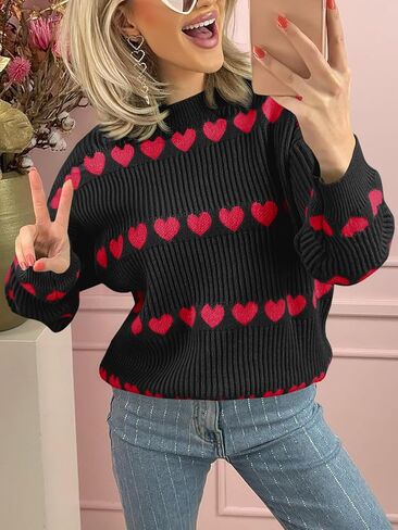 Saodimallsu Womens Heart Sweater Valentine Crew Neck Cute Ribbed Knit Loose Casual Pullover Sweaters Tops in Kuwait