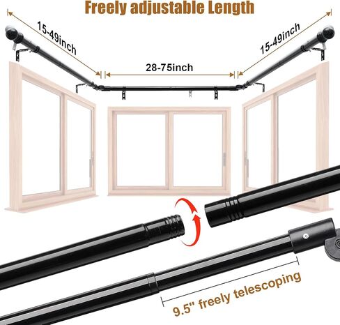 Bay Window Curtain Rods, 36-160" Heavy Duty Corner Curtain Rod, Adjustable DIY Design for Center and Side Rods,U-Shape 1 inch Drapery Rod Set with Brackets for Windows - White in Saudi Arabia