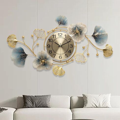 33 inch Clocks for Living Room, Large Wall Clock, 3D Decorations Metal Ginkgo Leaf Design Silent Movement Wall Clocks for Home Wall Decor Clock in Saudi Arabia