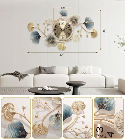 33 inch Clocks for Living Room, Large Wall Clock, 3D Decorations Metal Ginkgo Leaf Design Silent Movement Wall Clocks for Home Wall Decor Clock in Saudi Arabia