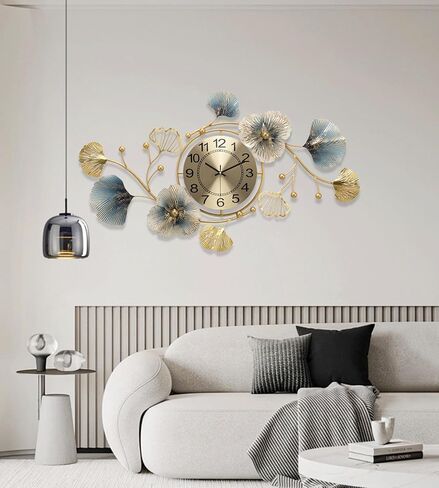 33 inch Clocks for Living Room, Large Wall Clock, 3D Decorations Metal Ginkgo Leaf Design Silent Movement Wall Clocks for Home Wall Decor Clock in Saudi Arabia