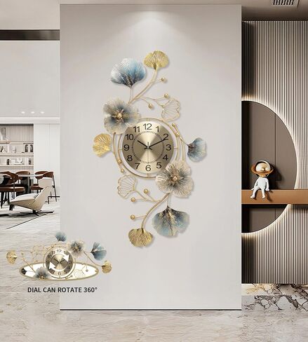 33 inch Clocks for Living Room, Large Wall Clock, 3D Decorations Metal Ginkgo Leaf Design Silent Movement Wall Clocks for Home Wall Decor Clock in Saudi Arabia