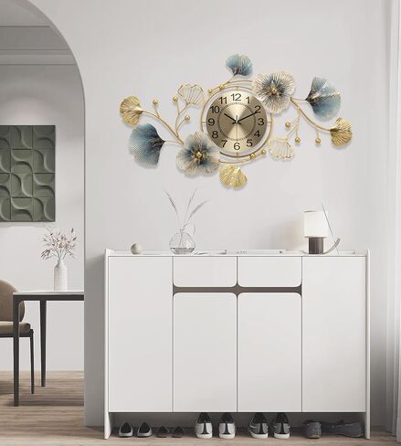 33 inch Clocks for Living Room, Large Wall Clock, 3D Decorations Metal Ginkgo Leaf Design Silent Movement Wall Clocks for Home Wall Decor Clock in Saudi Arabia