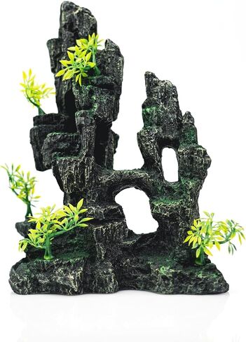 ديكورات حوض السمك SiissaPeksid - زينة حوض السمك المطلة على الجبل مع جسر كهف بيت الشجرة والنباتات الاصطناعية، Shuangwu in Kuwait