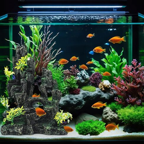 ديكورات حوض السمك SiissaPeksid - زينة حوض السمك المطلة على الجبل مع جسر كهف بيت الشجرة والنباتات الاصطناعية، Shuangwu in Kuwait