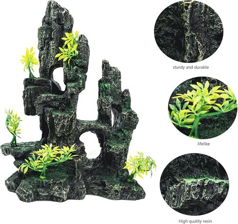 ديكورات حوض السمك SiissaPeksid - زينة حوض السمك المطلة على الجبل مع جسر كهف بيت الشجرة والنباتات الاصطناعية، Shuangwu in Kuwait