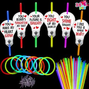 JOYIN 36 Packs Neon Valentines Day Gift Cards with Glow Stick Bracelets, Glow in the dark Necklaces for Valentine's Party Favor, Valentine Classroom Exchange Cards, Valentine School Prize