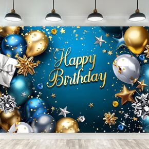 Riyidecor Royal Navy Blue Silver Happy Birthday Backdrop Balloon Diamond Sparkle Fluid Lights 5Wx3H Feet Polyester Fabric for Man Boys Photography Background Bday Table Decor Banner Studio Photo Shoot