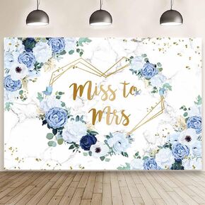 7x5ft Miss to Mrs Floral Backdrop for Bridal Shower Blue and White Flowers Photography Background Hearts Geometric Couple Wedding Party Decorations Bride to Be Engagement Banner Props