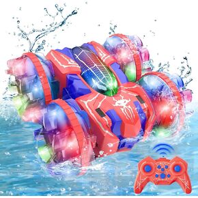 ZIZZ Amphibious Remote Control Car: Toys for 3+ Years Old Boys Girls Upgraded Spider Double Sided 360° Flip Rotating 4WD RC Car Waterproof RC Stunt Car with Light Pool Toy for Boy Kid Ages 4-8-12 Gift