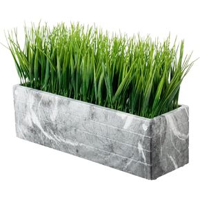 MyGift 10 Inch Artificial Green Grass Plant in Rectangular White Marble Pattern Ceramic Planter Pot