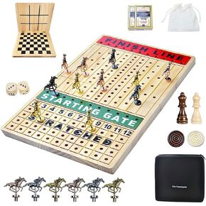 Race Horse Board Game, 4-in-1 Multi Game Board Set Including Horse Racing Game Tic Tac Toe Chess Checkers Game with All Game Accessories and Handbag for Outdoor Travel
