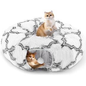 Cat Tunnel Bed for Indoor Cats, 3-in-1 Christmas Cat Donut Tunnel with Washable Cushion, Cat Tube Cave Toys Comes with Two Spherical Cat Fun Balls, for Kitten/Puppy/Rabbit, White