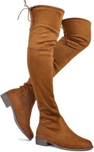 Premier Standard - Women's Fashion Comfy Vegan Suede Block Heel Side Zipper Back Lace Thigh High Over The Knee Boots in Kuwait