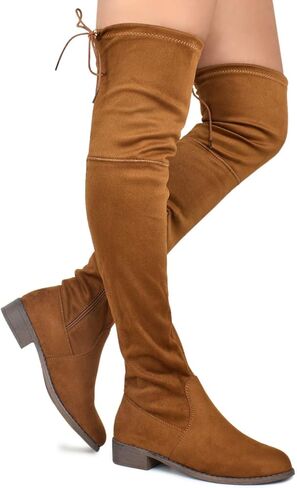 Premier Standard - Women's Fashion Comfy Vegan Suede Block Heel Side Zipper Back Lace Thigh High Over The Knee Boots in Kuwait