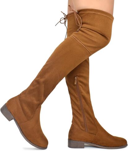Premier Standard - Women's Fashion Comfy Vegan Suede Block Heel Side Zipper Back Lace Thigh High Over The Knee Boots in Kuwait