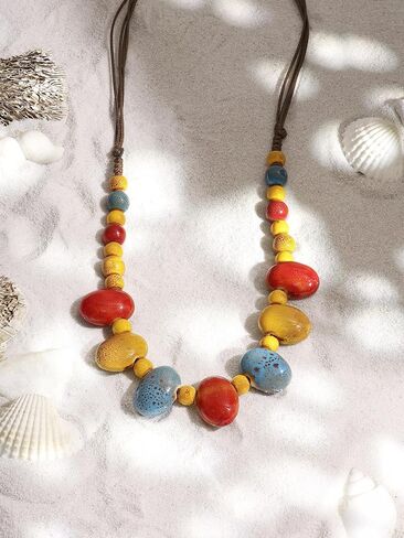 MINACHI Hippie Boho White Blue Ceramic Bead Strand Necklace, Bohemian Beach Summer Ocean Jewelry Gift for Women in Saudi Arabia